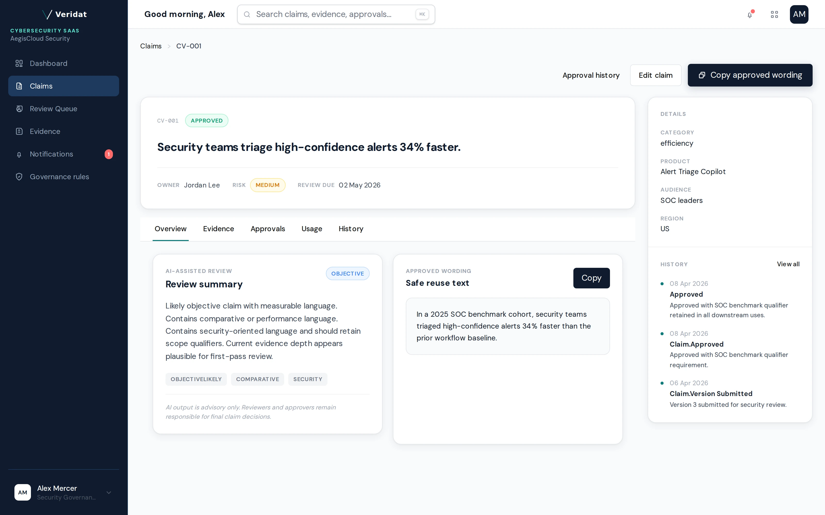 Veridat claim detail page showing approved wording, AI review summary, and approval history.